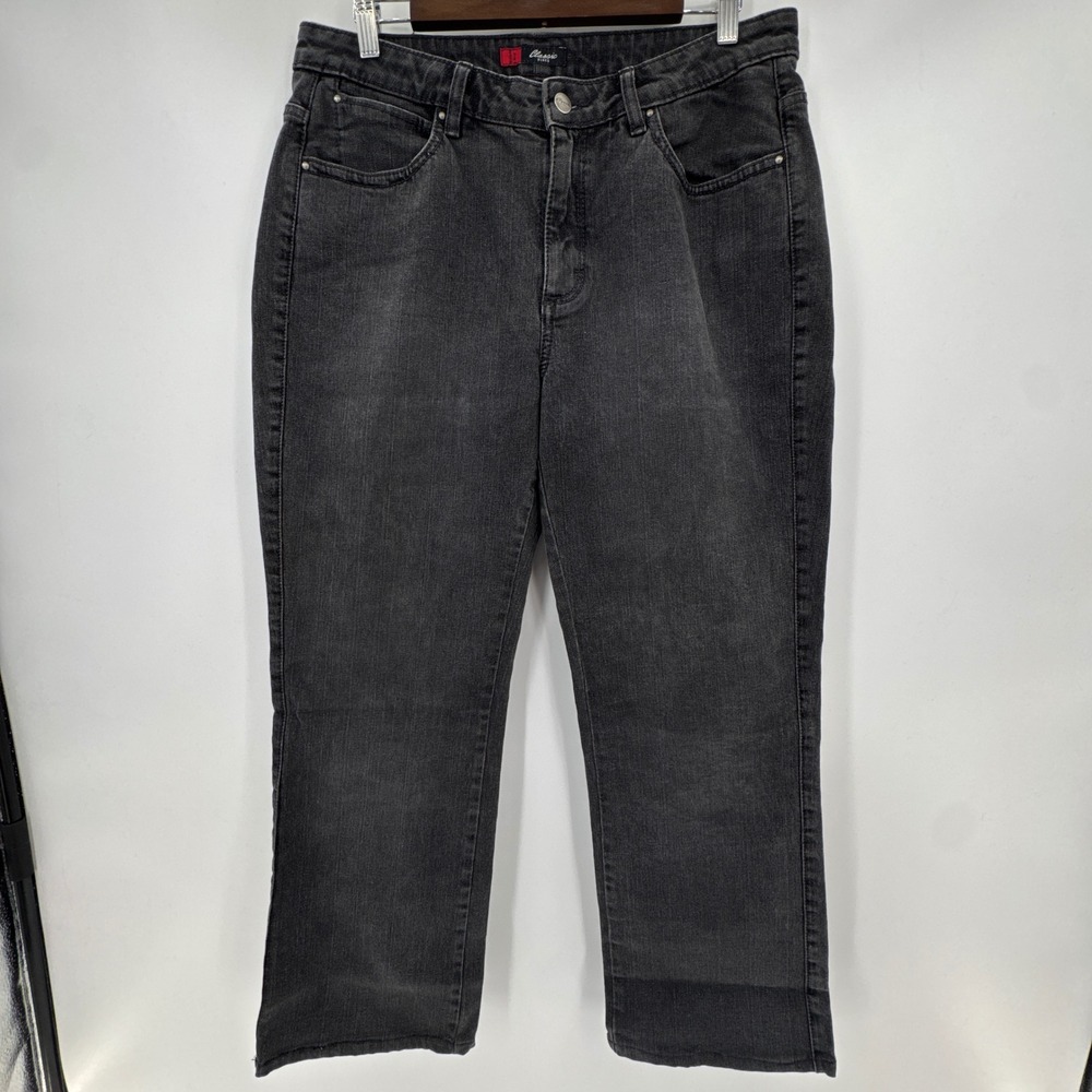 Classic Blues Straight Jeans Womens 12 Faded Black Denim Cotton Stretch Mid Rise